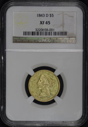 Obverse of this 1843-D Liberty Head $5 Medium D NGC XF-45