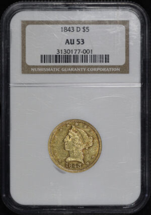 Obverse of this 1843-D Liberty Head $5 NGC AU-53