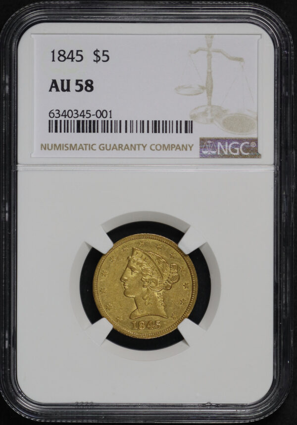 Obverse of this 1845 Liberty Head $5 NGC AU-58