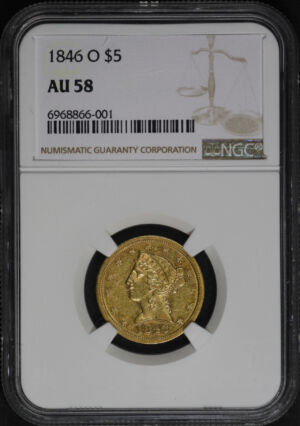 Obverse of this 1846-O Liberty Head $5 NGC AU-58