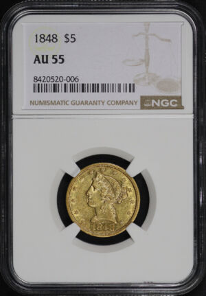 Obverse of this 1848 Liberty Head $5 NGC AU-55