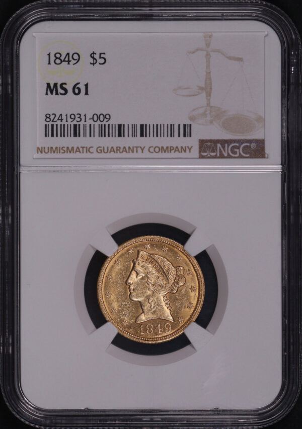 Obverse of this 1849 Liberty Head $5 NGC MS-61