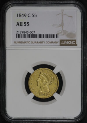 Obverse of this 1849-C Liberty Head $5 NGC AU-55
