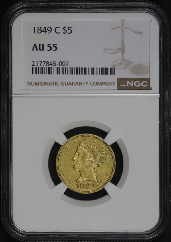 Obverse of this 1849-C Liberty Head $5 NGC AU-55