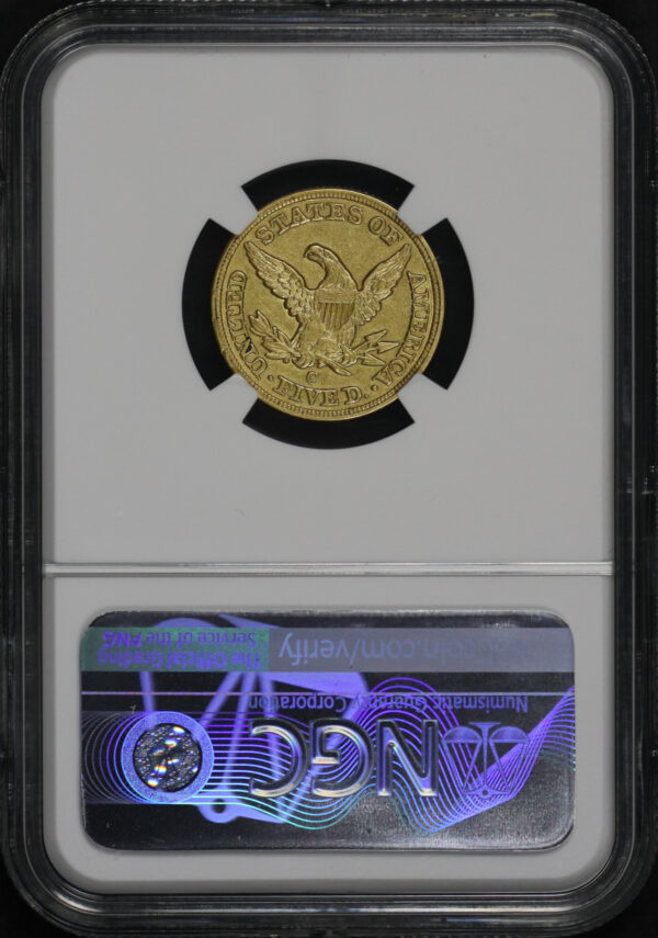 Reverse of this 1849-C Liberty Head $5 NGC AU-55