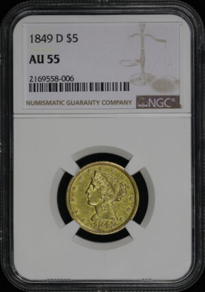 Obverse of this 1849-D Liberty Head $5 NGC AU-55