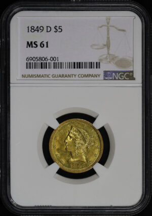 Obverse of this 1849-D Liberty Head $5 NGC MS-61