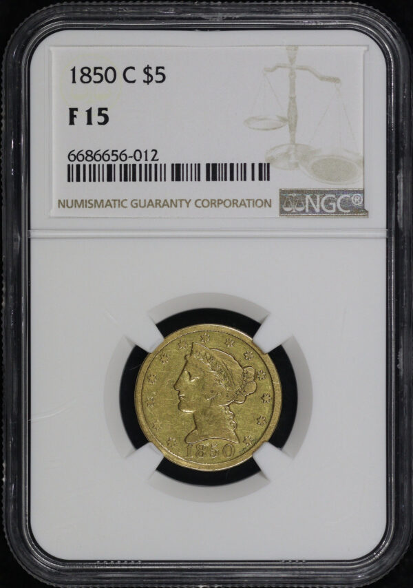 Obverse of this 1850-C Liberty Head $5 NGC F-15