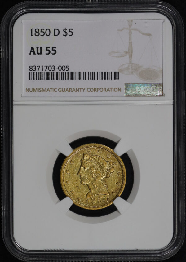 Obverse of this 1850-D Liberty Head $5 NGC AU-55