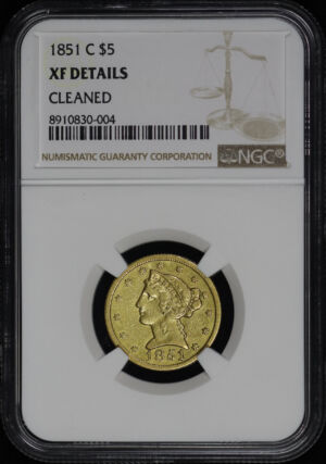 Obverse of this 1851-C Liberty Head $5 NGC XF Details Cleaned