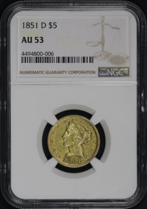 Obverse of this 1851-D Liberty Head $5 NGC AU-53