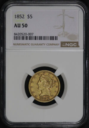 Obverse of this 1852 Liberty Head $5 NGC AU-50