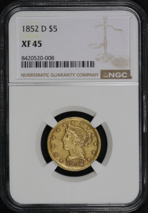 Obverse of this 1852-D Liberty Head $5 NGC XF-45