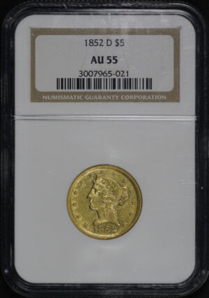 Obverse of this 1852-D Liberty Head $5 NGC AU-55
