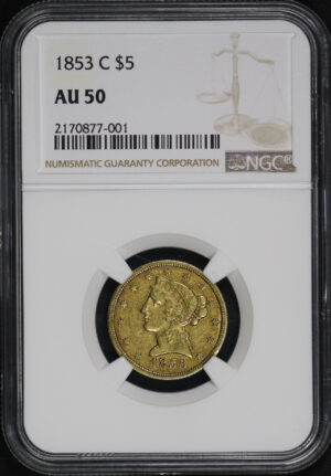 Obverse of this 1853-C Liberty Head $5 NGC AU-50