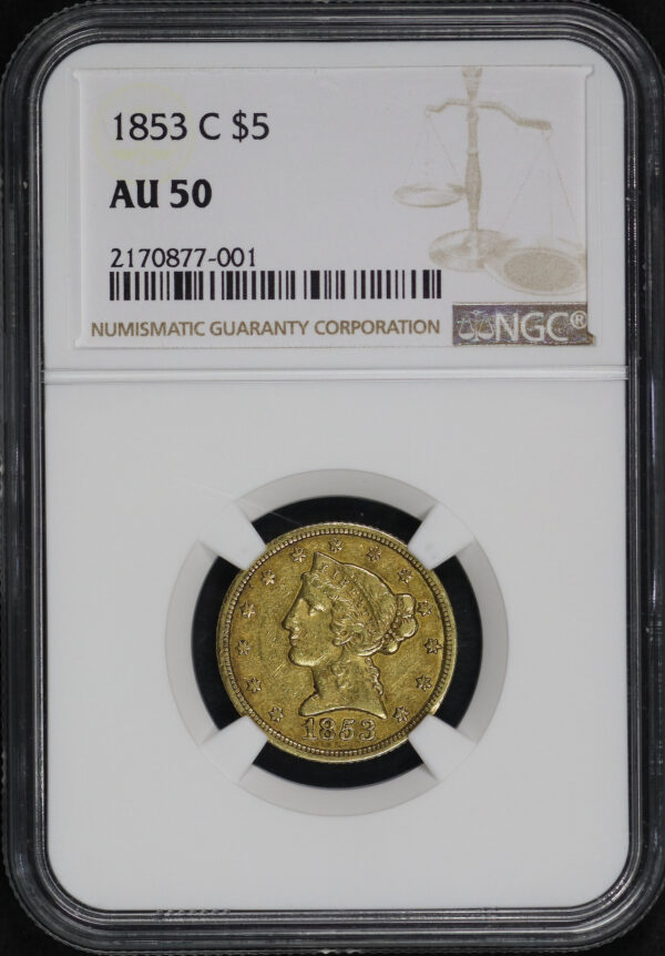 Obverse of this 1853-C Liberty Head $5 NGC AU-50