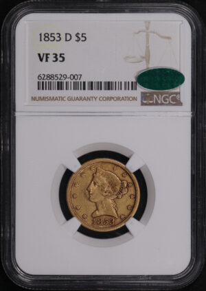 Obverse of this 1853-D Liberty Head $5 Large D NGC VF-35 CAC