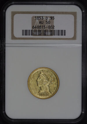 Obverse of this 1853-D Liberty Head $5 NGC AU-50
