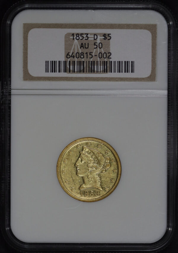 Obverse of this 1853-D Liberty Head $5 NGC AU-50