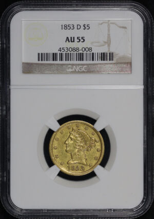 Obverse of this 1853-D Liberty Head $5 NGC AU-55