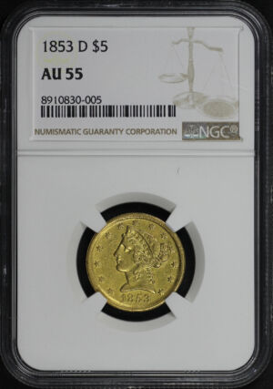 Obverse of this 1853-D Liberty Head $5 Medium D NGC AU-55