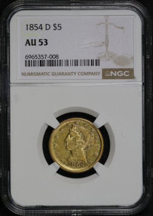 Obverse of this 1854-D Liberty Head $5 Large D NGC AU-53