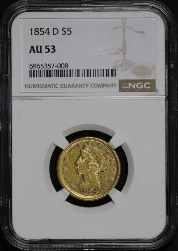 Obverse of this 1854-D Liberty Head $5 Large D NGC AU-53