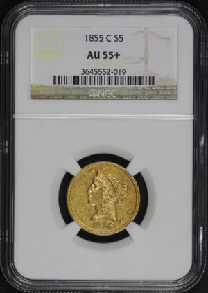 Obverse of this 1855-C Liberty Head $5 NGC AU-55+