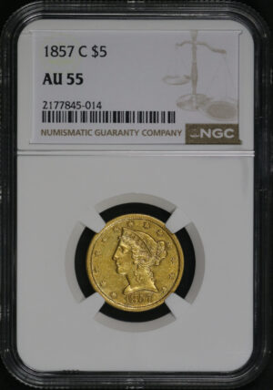 Obverse of this 1857-C Liberty Head $5 NGC AU-55