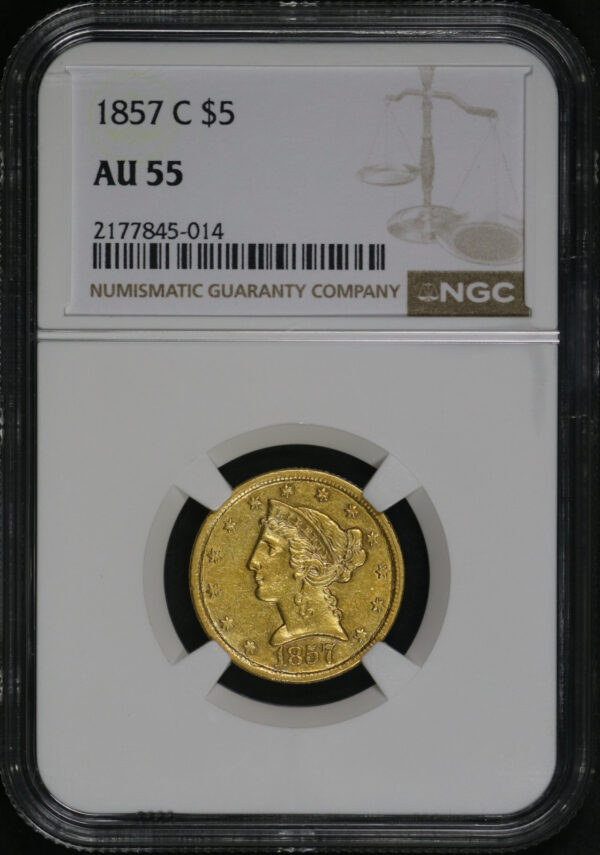 Obverse of this 1857-C Liberty Head $5 NGC AU-55