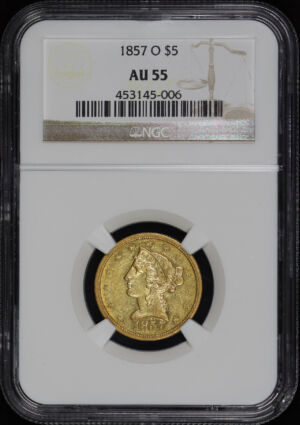 Obverse of this 1857-O Liberty Head $5 NGC AU-55