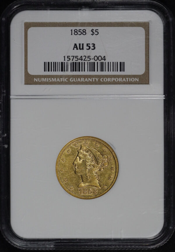 Obverse of this 1858 Liberty Head $5 NGC AU-53