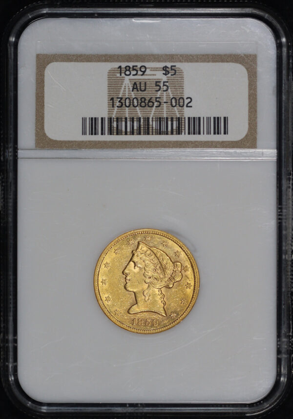 Obverse of this 1859 Liberty Head $5 NGC AU-55