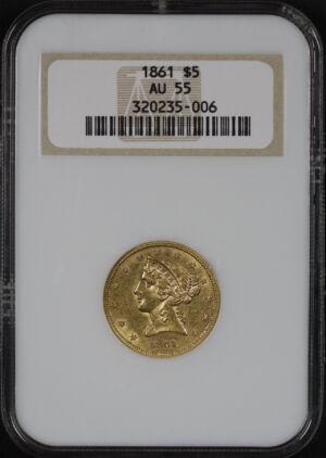 Obverse of this 1861 Liberty Head $5 NGC AU-55 Old Fatty Holder