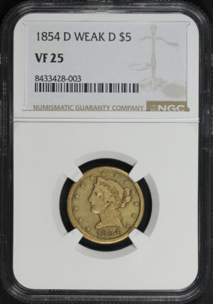 Obverse of this 1854-D Liberty Head $5 Weak D NGC VF-25
