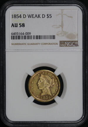 Obverse of this 1854-D Liberty Head $5 Weak D NGC AU-58