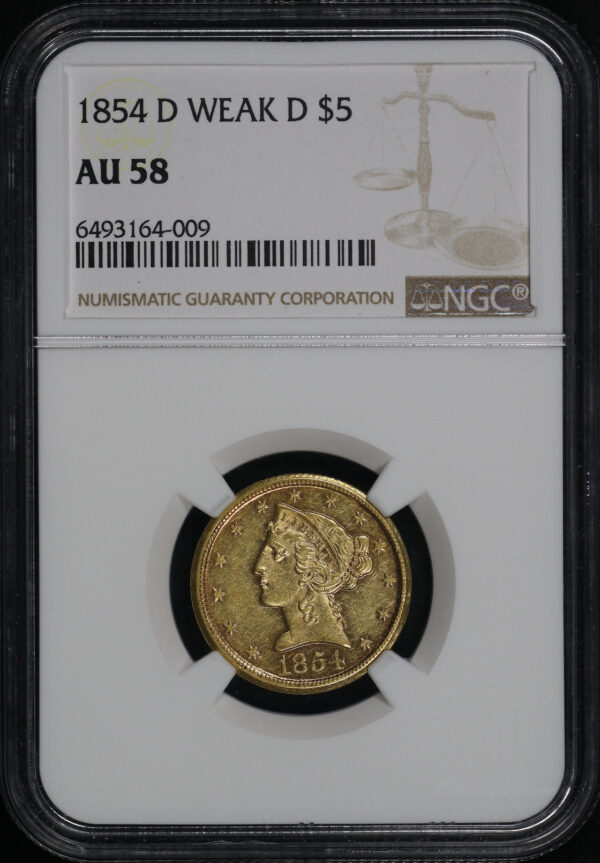 Obverse of this 1854-D Liberty Head $5 Weak D NGC AU-58