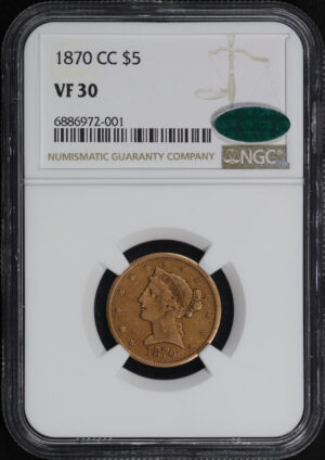 Obverse of this 1870-CC Liberty Head $5 NGC VF-30 CAC