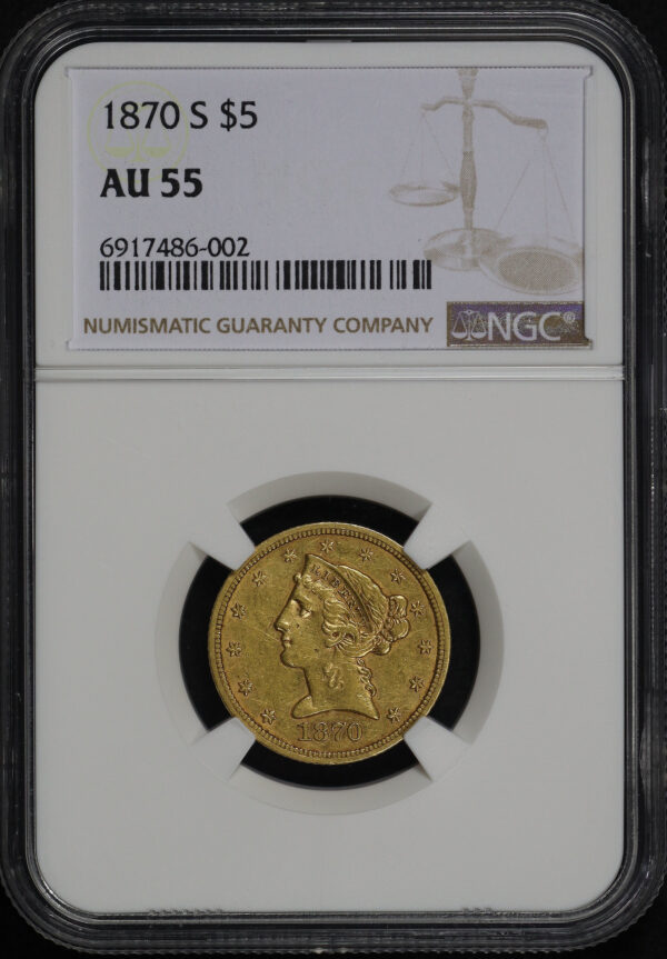 Obverse of this 1870-S Liberty Head $5 NGC AU-55