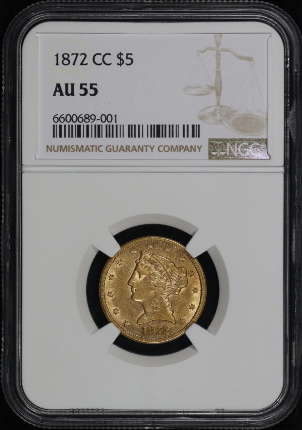 Obverse of this 1872-CC Liberty Head $5 NGC AU-55