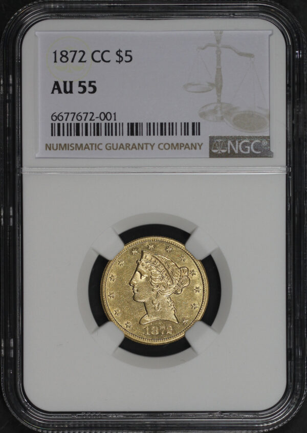 Obverse of this 1872-CC Liberty Head $5 NGC AU-55