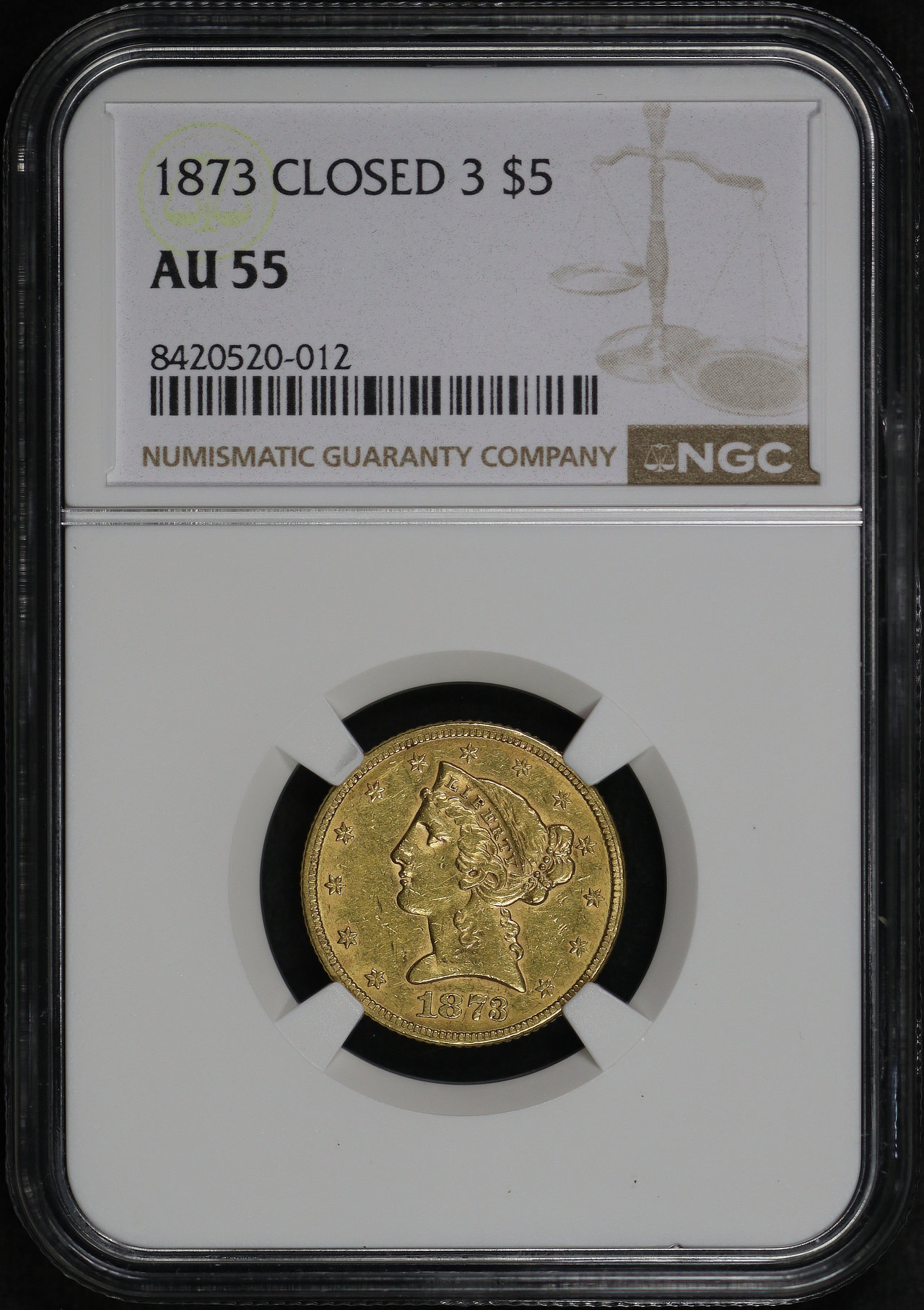 Obverse of this 1873 Liberty Head $5 Closed 3 NGC AU-55