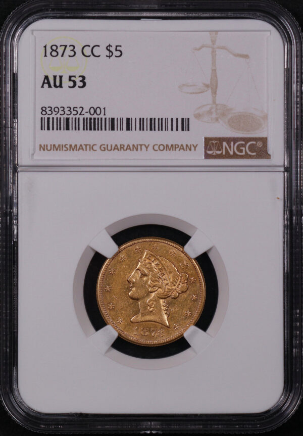 Obverse of this 1873-CC Liberty Head $5 NGC AU-53