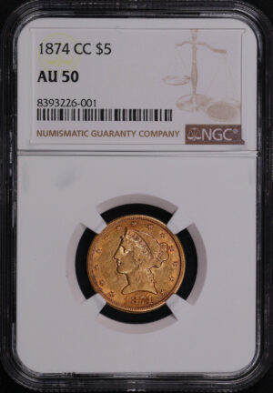 Obverse of this 1874-CC Liberty Head $5 NGC AU-50