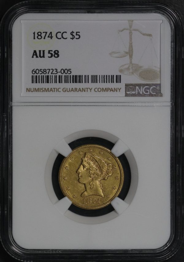 Obverse of this 1874-CC Liberty Head $5 NGC AU-58
