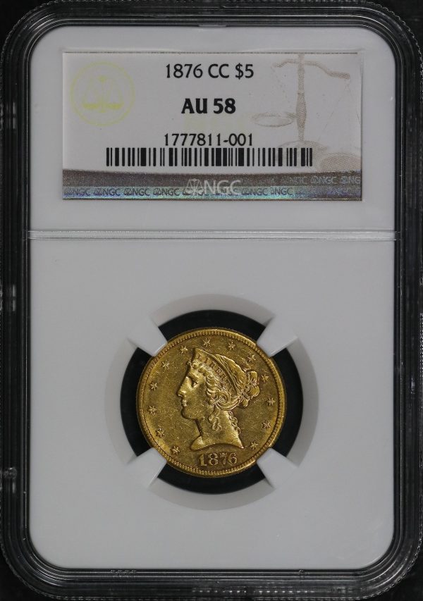 Obverse of this 1876-CC Liberty Head $5 NGC AU-58