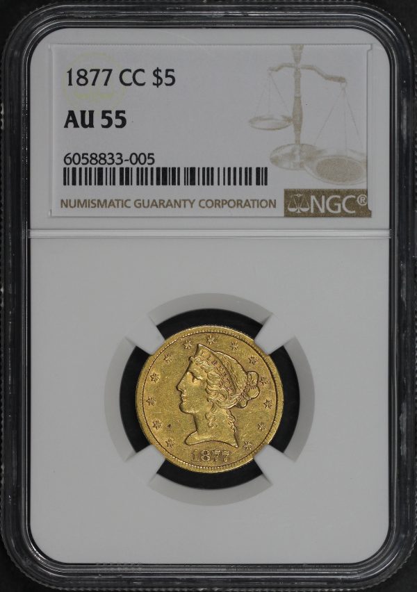 Obverse of this 1877-CC Liberty Head $5 NGC AU-55