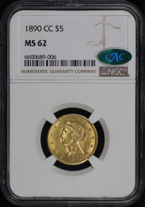 Obverse of this 1890-CC Liberty Head $5 NGC MS-62 CAC