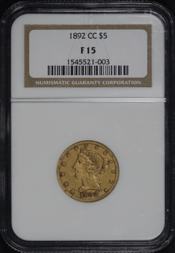 Obverse of this 1892-CC Liberty Head $5 NGC F-15