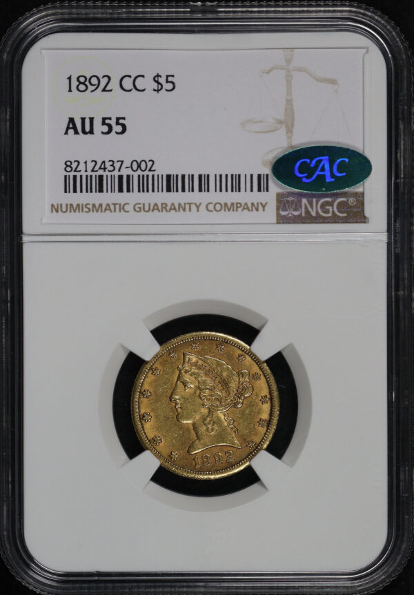 Obverse of this 1892-CC Liberty Head $5 NGC AU-55 CAC